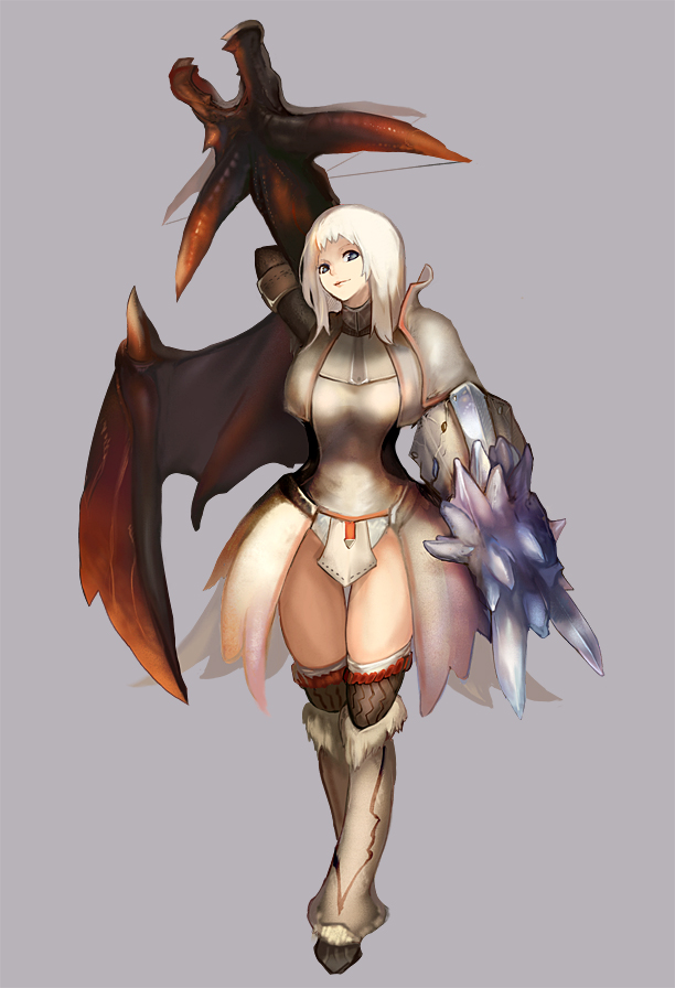 n.a., capcom, monster hunter (series), 1girl, boots, breasts, female focus, full body, gun, simple background, solo, thigh boots, thighhighs, weapon, white hair, wings