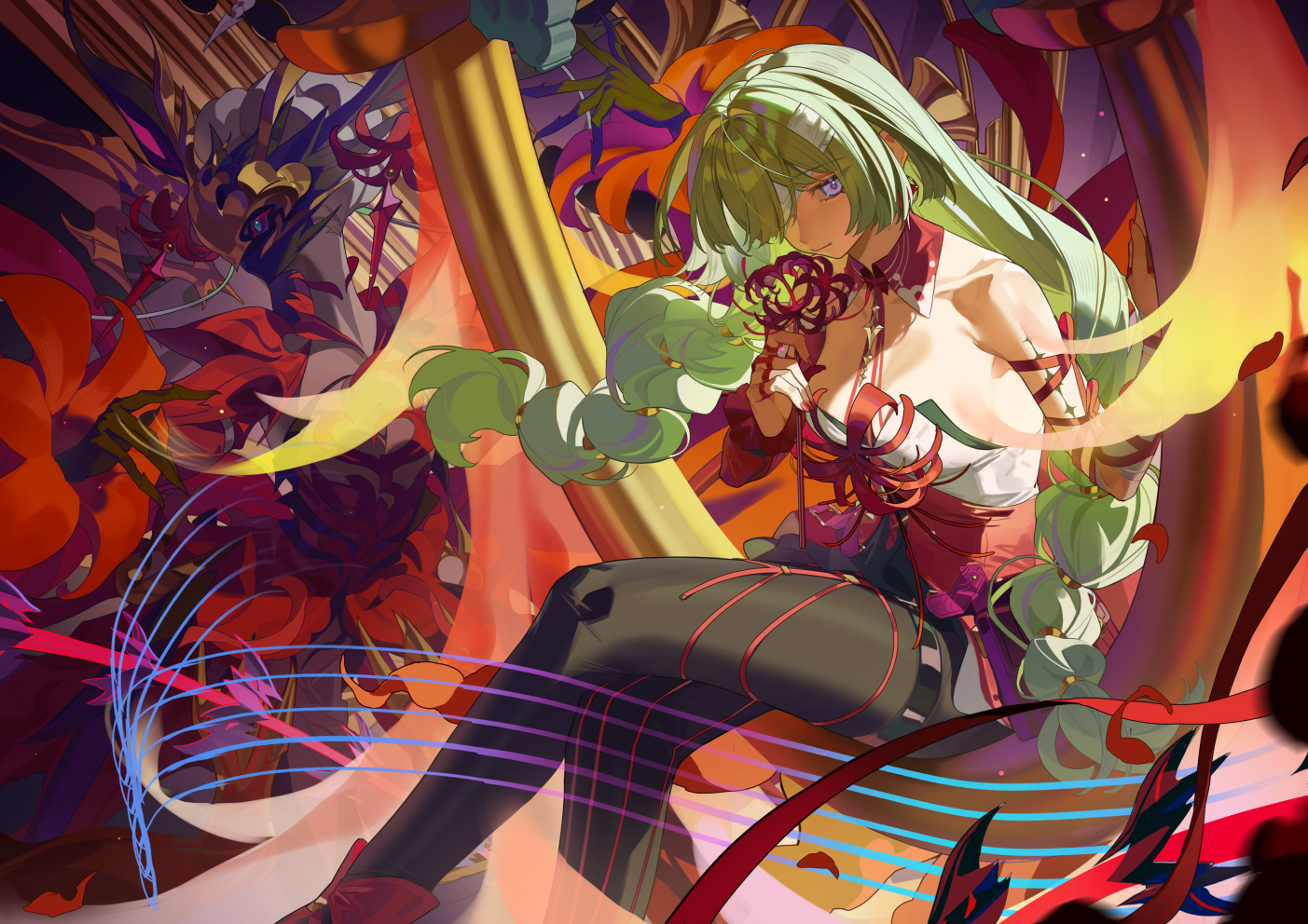 red cucumber, phrolova (wuthering waves), wuthering waves, commentary, 1girl, bandage over one eye, bare shoulders, black pantyhose, braid, breasts, closed mouth, dress, flower, from side, grey eyes, grey hair, halter dress, halterneck, hecate (wuthering waves), holding, holding flower, long hair, looking at viewer, looking to the side, low twin braids, medium breasts, pantyhose, red dress, sitting, spider lily, tacet discord (wuthering waves), tacet mark (wuthering waves), twin braids