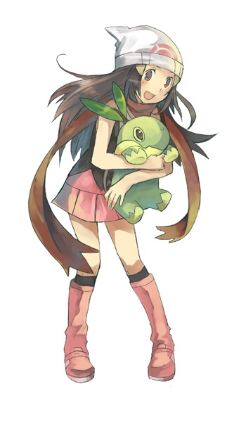 hanokage, dawn (pokemon), turtwig, nintendo, pokemon, 1girl, beanie, boots, brown eyes, brown hair, full body, gen 4 pokemon, hat, holding, long hair, pink boots, pokemon (creature), scarf, simple background, skirt, standing, white background