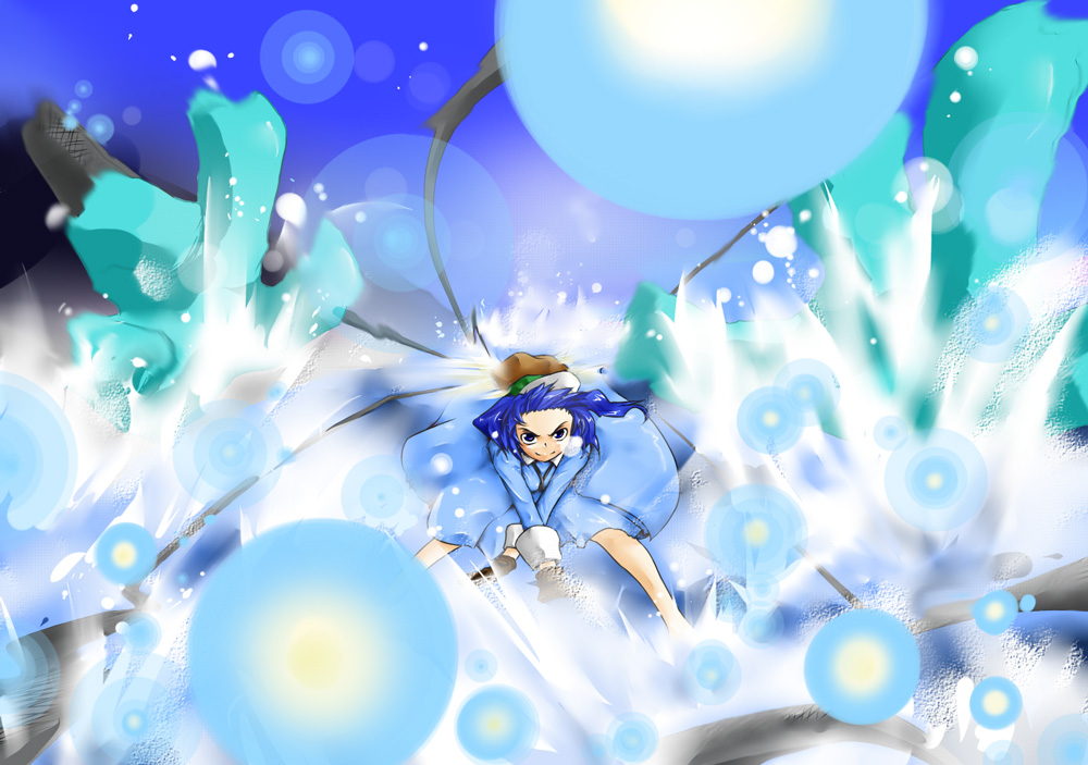 byoin, kawashiro nitori, touhou, 1girl, blue hair, danmaku, female focus, gloves, hat, short hair, solo, two side up