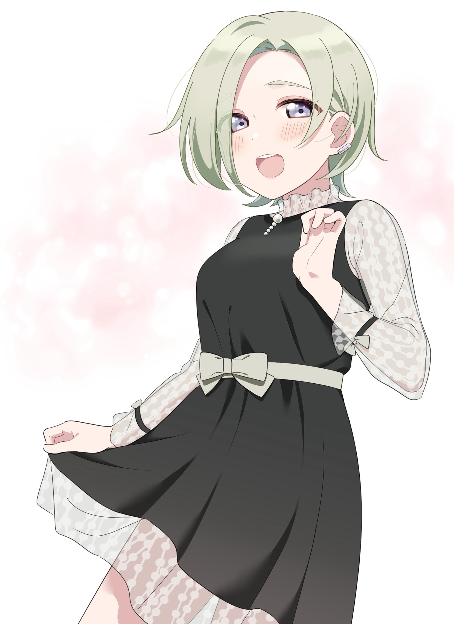 daleka333, mia taylor, love live!, love live! nijigasaki high school idol club, commentary request, highres, 1girl, :d, black dress, blush, breasts, cowboy shot, curtained hair, dress, earclip, grey eyes, grey hair, long sleeves, looking at viewer, medium breasts, open mouth, pink background, see-through clothes, see-through sleeves, short dress, short hair, simple background, skirt hold, smile, solo, teeth, upper teeth only