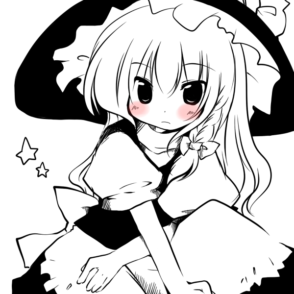 futami yayoi, kirisame marisa, touhou, 1girl, apron, blush, braid, female focus, hat, long hair, monochrome, puffy sleeves, side braid, solo, spot color, star (symbol), tsurime, waist apron, witch hat, x arms