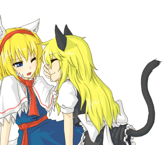 yomegane, alice margatroid, kirisame marisa, touhou, 2girls, animal ears, blonde hair, blue dress, blue eyes, blush, capelet, cat ears, cat girl, cat tail, closed eyes, dress, female focus, hairband, kemonomimi mode, long hair, multiple girls, open mouth, pushing away, ribbon, short hair, shy, smile, tail, wince, yuri