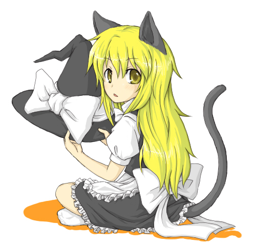 yomegane, kirisame marisa, touhou, lowres, 1girl, animal ears, cat ears, cat girl, cat tail, dress, female focus, full body, hat, kemonomimi mode, simple background, solo, tail, white background