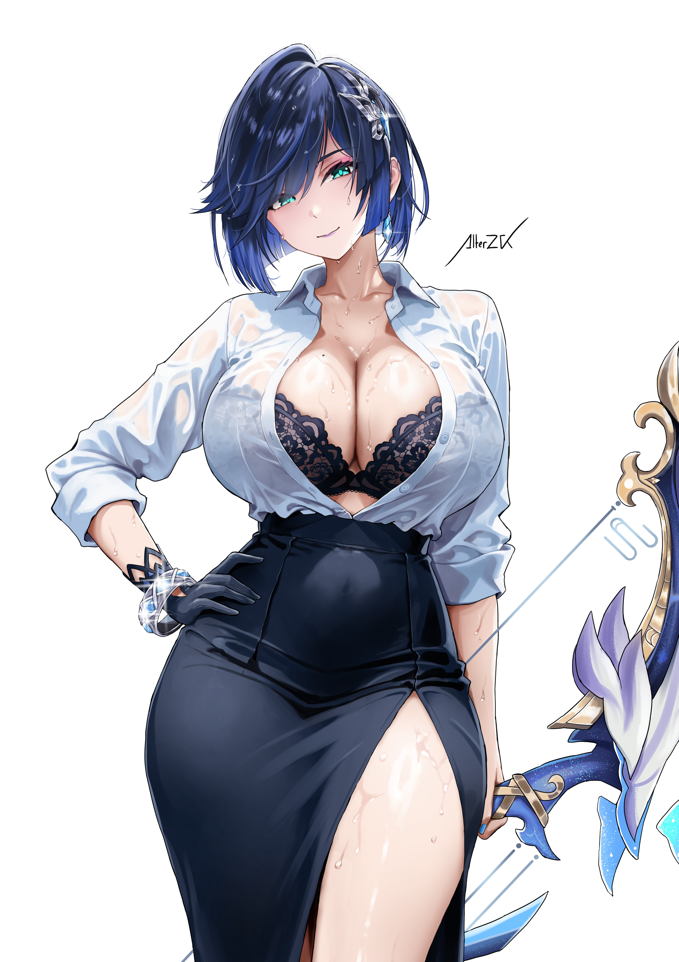 alterzk, yelan (genshin impact), genshin impact, absurdres, commentary, highres, 1girl, alternate breast size (larger), artist name, black bra, black gloves, black skirt, blue hair, blue nails, bow (weapon), bra, bra visible through clothes, breasts, cleavage, closed mouth, collarbone, collared shirt, cowboy shot, earrings, gloves, green eyes, hair ornament, hand on own hip, holding, holding bow (weapon), holding weapon, huge breasts, jewelry, long skirt, looking at viewer, nail polish, shirt, shirt tucked in, short hair, side slit, simple background, single glove, skirt, smile, solo, thighs, underwear, weapon, wet, white background, white shirt
