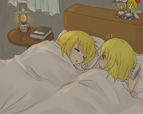 yomegane, alice margatroid, kirisame marisa, shanghai doll, touhou, lowres, 2girls, bed, book, closed eyes, doll, female focus, multiple girls, pillow
