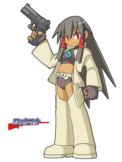 kasuga yukihito, tatsumiya mana, mahou sensei negima!, mega man (series), 1girl, black hair, chaps, dark-skinned female, dark skin, female focus, fingerless gloves, gloves, gun, handgun, hime cut, midriff, parody, pistol, red eyes, solo, style parody, weapon