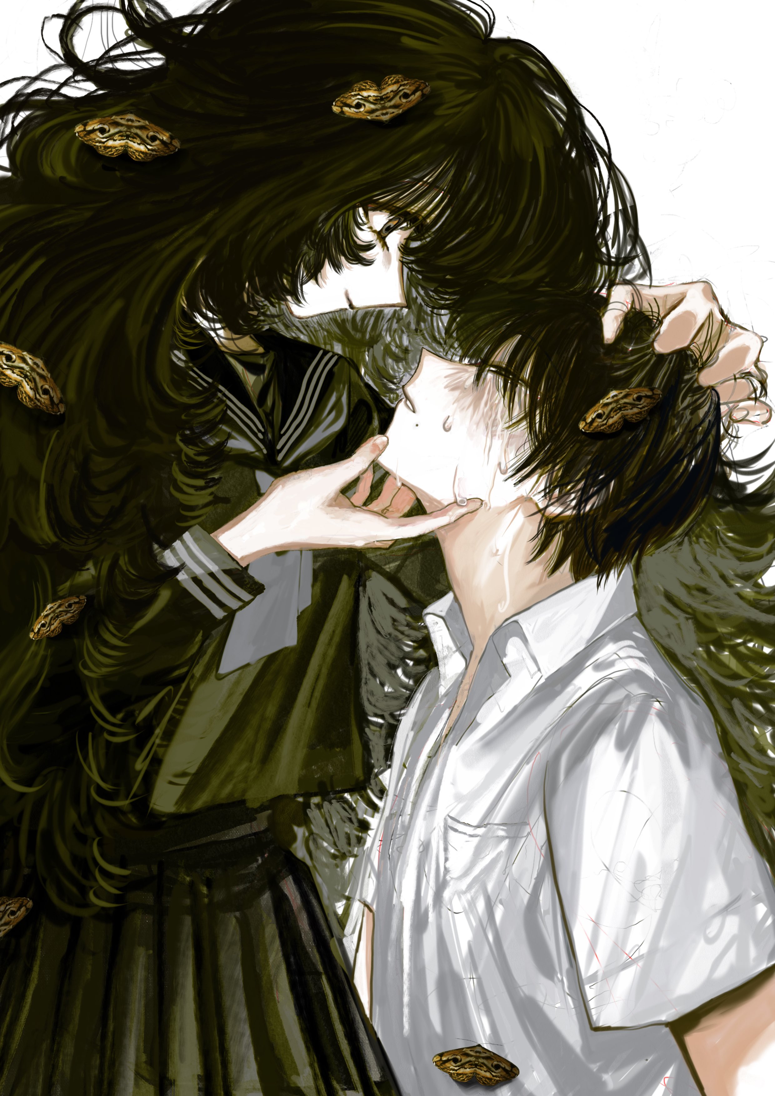 original, absurdres, commentary request, highres, 1boy, 1girl, black hair, black sailor collar, black serafuku, black skirt, bug, closed mouth, collared shirt, grey eyes, hands on another's face, insect, looking at another, mole, moth, parted lips, sailor collar, santarow, school uniform, serafuku, shirt, short hair, short sleeves, simple background, skirt, smile, sweat, upper body, white background, white shirt
