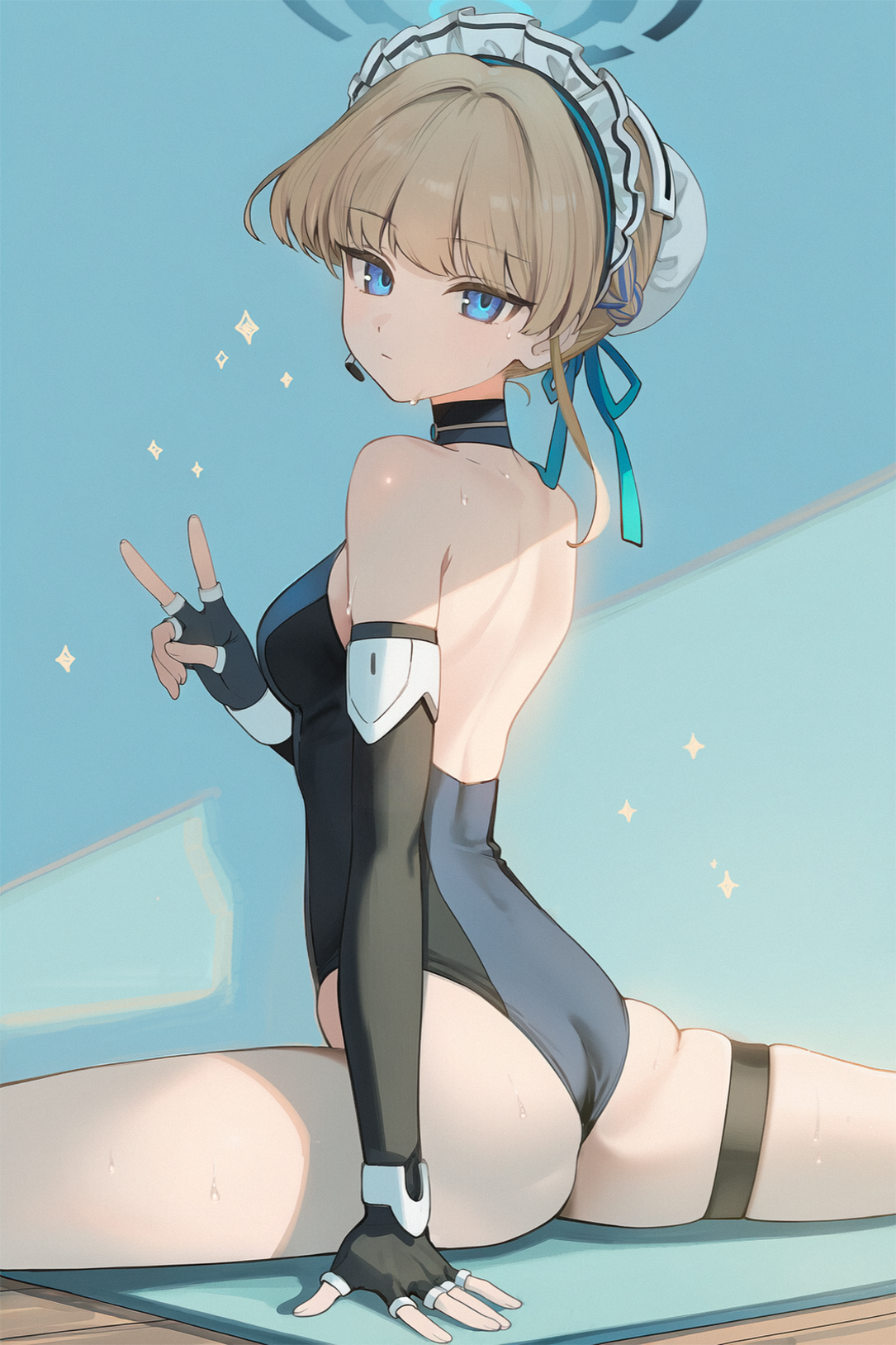 poki (j0ch3fvj6nd), toki (blue archive), blue archive, ai-assisted, commentary, highres, 1girl, armpit crease, ass, back, bare shoulders, blonde hair, blue background, blue eyes, blue halo, blue leotard, breasts, bun cover, elbow gloves, fingerless gloves, gloves, hair ribbon, halo, leotard, looking at viewer, maid headdress, medium breasts, ribbon, sitting, skindentation, solo, split, sweat, thigh strap, v, yoga mat
