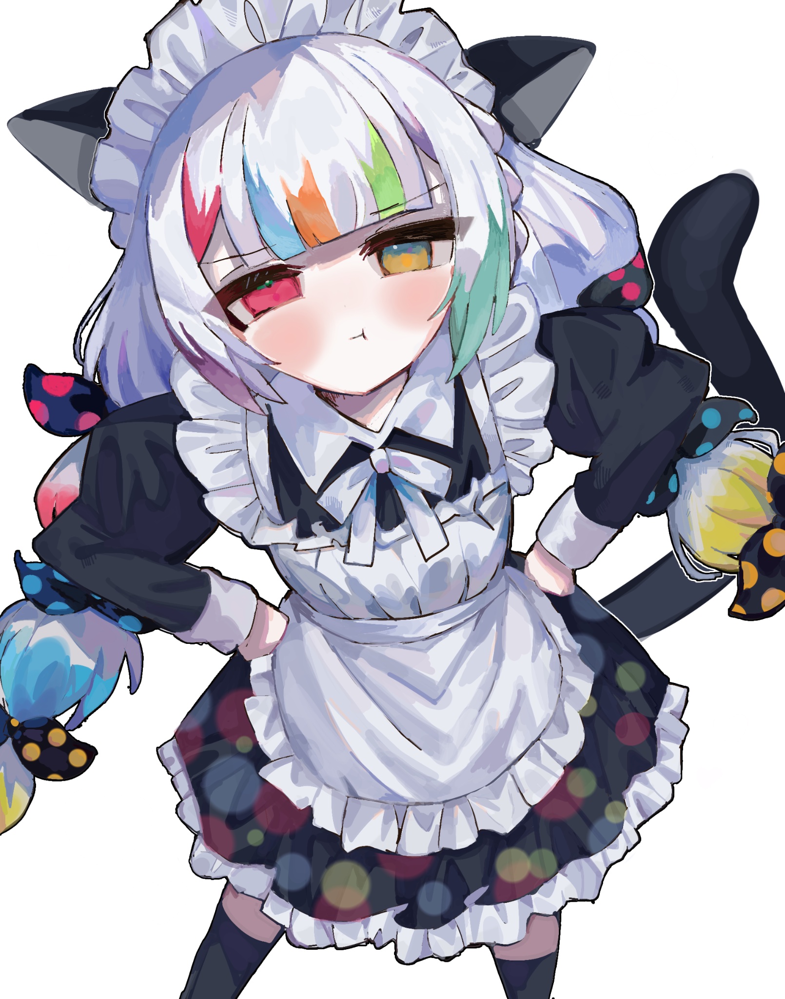jougasaki noa, mahou shoujo no majo saiban, commentary request, highres, 1girl, alternate costume, animal ears, apron, black dress, blunt bangs, bow, cat ears, cat girl, cat tail, collared dress, dress, enmaided, feet out of frame, frilled apron, frilled dress, frills, from above, furrowed brow, hands on own hips, heterochromia, juliet sleeves, kemonomimi mode, long hair, long sleeves, looking at viewer, maid, maid apron, maid headdress, multi-tied hair, multicolored hair, neck ribbon, polka dot, polka dot bow, pout, puffy sleeves, ribbon, simple background, solo, standing, streaked hair, tail, tote kona, white apron, white background, white hair, white ribbon, yellow eyes
