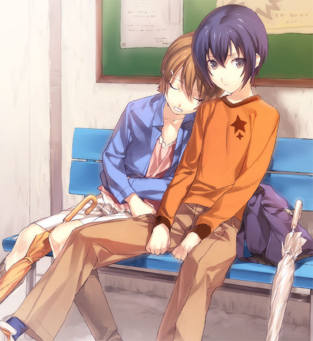 ginka sima, mako-chan (minami-ke), makoto (minami-ke), minami touma, minami-ke, bad id, bad pixiv id, 00s, 1boy, 1girl, androgynous, bag, bench, blue hair, brown eyes, brown hair, closed eyes, closed umbrella, couple, head on another's shoulder, hetero, reverse trap, sitting, sleeping, star (symbol), trap, umbrella