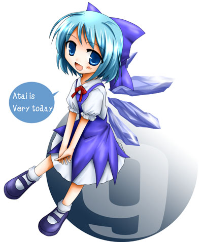 tenmal, tenmaru, cirno, phantasmagoria of flower view, touhou, lowres, 1girl, bow, chibi, circled 9, english text, engrish text, female focus, ranguage, solo, wings