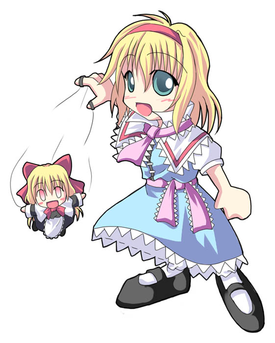 a kirima, alice margatroid, shanghai doll, touhou, 2girls, blonde hair, chibi, female focus, full body, multiple girls, simple background, standing, white background
