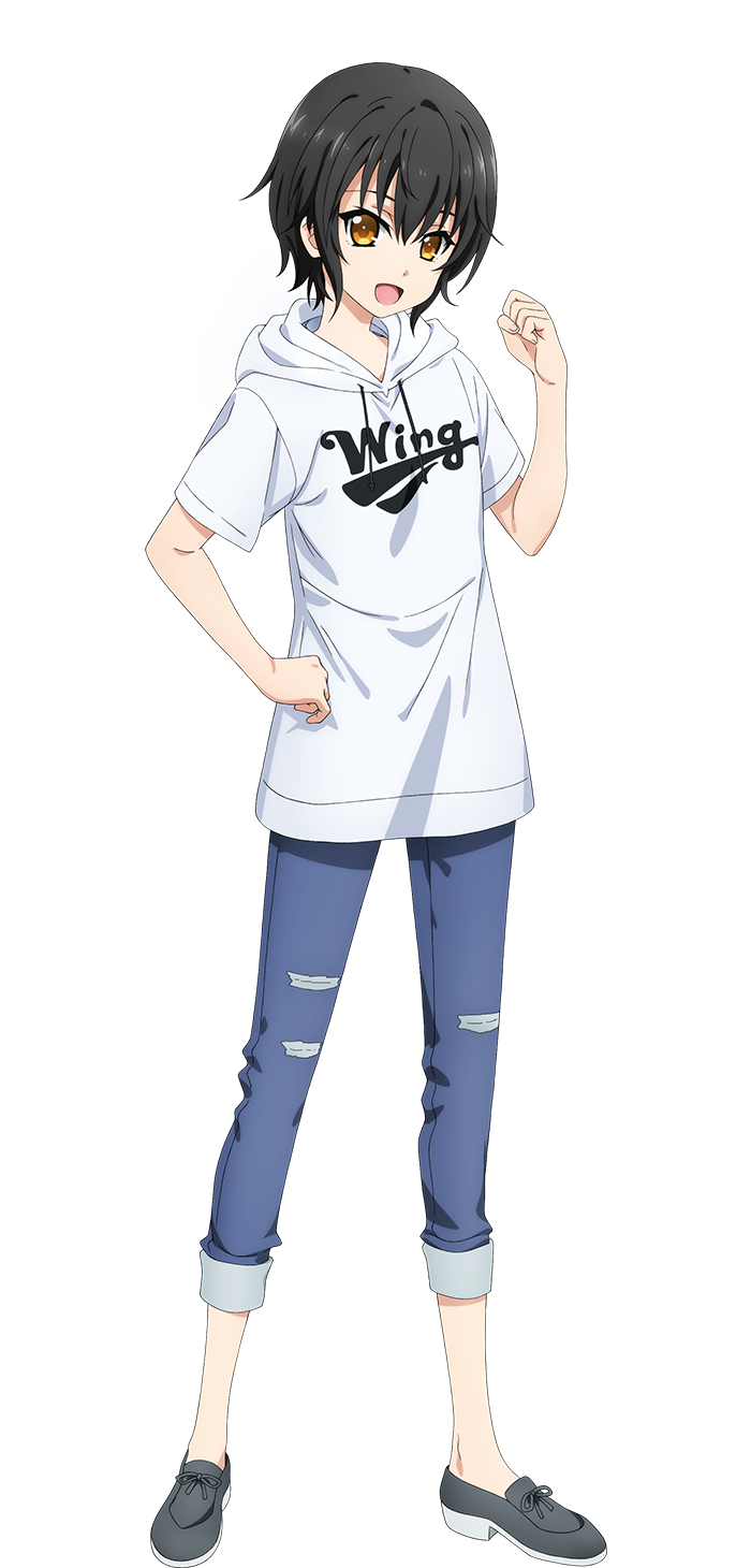 arakaki issei, extreme hearts, highres, official art, 1girl, :d, anime coloring, black hair, blue pants, clenched hands, denim, english text, flats, full body, grey shoes, hair between eyes, hand on own hip, hand up, honda chihiro, hood, hood down, hoodie, jeans, looking at viewer, open mouth, pants, pants rolled up, shoes, short hair, short sleeves, simple background, smile, solo, standing, tachi-e, torn clothes, torn jeans, torn pants, transparent background, white hood, white hoodie