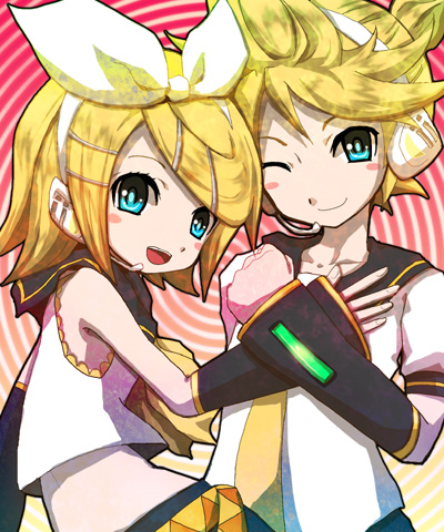 kirita (noraring), kiritanman, kagamine len, kagamine rin, vocaloid, bad id, bad pixiv id, lowres, 1boy, 1girl, aqua eyes, blonde hair, brother and sister, headset, pink background, siblings, twins