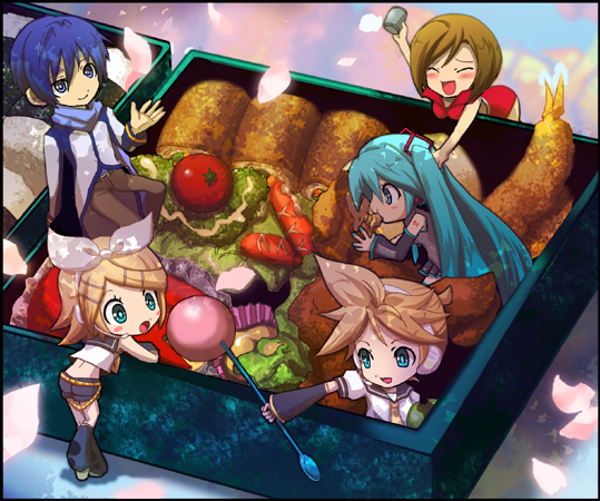 kirita (noraring), kiritanman, hatsune miku, kagamine len, kagamine rin, kaito (vocaloid), meiko (vocaloid), vocaloid, bad id, bad pixiv id, 2boys, 3girls, aqua hair, bento, brother and sister, chibi, food, multiple boys, multiple girls, siblings, twins