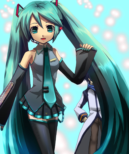 kirita (noraring), kiritanman, hatsune miku, kaito (vocaloid), vocaloid, bad id, bad pixiv id, 1boy, 1girl, aqua background, aqua hair, detached sleeves, long hair, necktie, thighhighs, twintails, very long hair