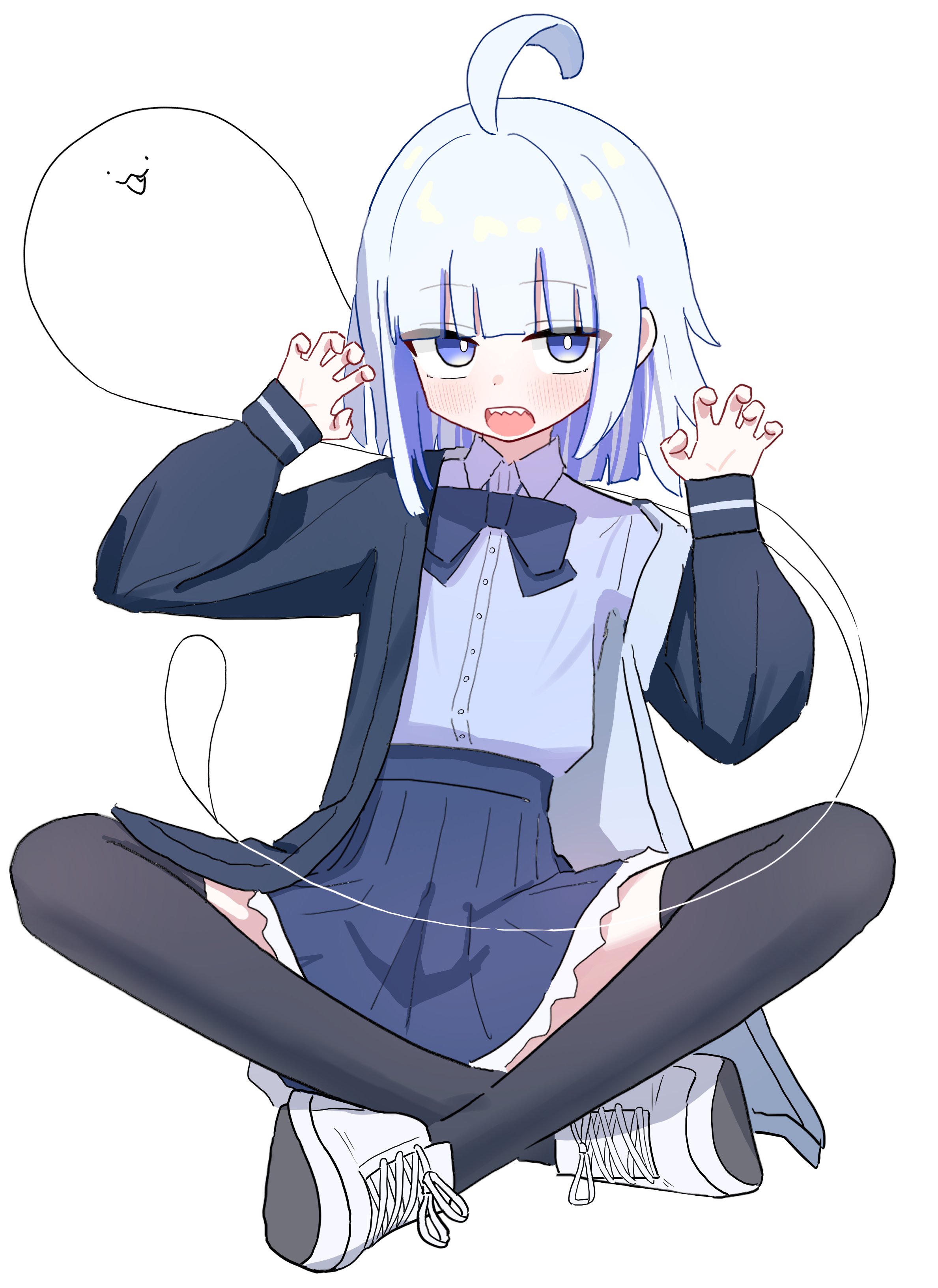 porty ramram, original, absurdres, highres, 1girl, ahoge, black jacket, black thighhighs, blue bow, blue bowtie, blue eyes, blue hair, blue jacket, blue shirt, blue skirt, blunt bangs, blunt ends, blush, bow, bowtie, bright pupils, claw pose, collared shirt, colored inner hair, crossed legs, full body, ghost, hands up, high-waist skirt, indian style, jacket, long sleeves, looking at viewer, medium hair, multicolored hair, open clothes, open jacket, open mouth, pleated skirt, shirt, shirt tucked in, shoes, simple background, sitting, skirt, sneakers, solo, teeth, thighhighs, white background, white hair, white pupils, white shoes, zettai ryouiki