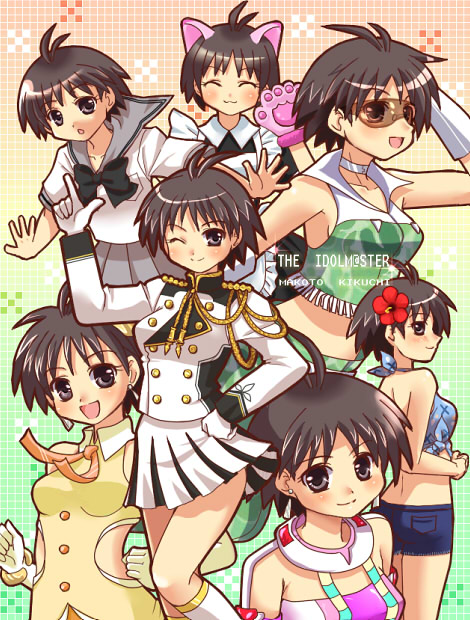 soraneko (artist), kikuchi makoto, idolmaster, idolmaster (classic), bad id, bad pixiv id, 00s, animal ears, antenna hair, brown-tinted eyewear, cat ears, cool & sexy (idolmaster), cosmic & funny (idolmaster), cute & girly (idolmaster), flower, maid, majorette, one eye closed, school uniform, serafuku, sunglasses, tinted eyewear, wink