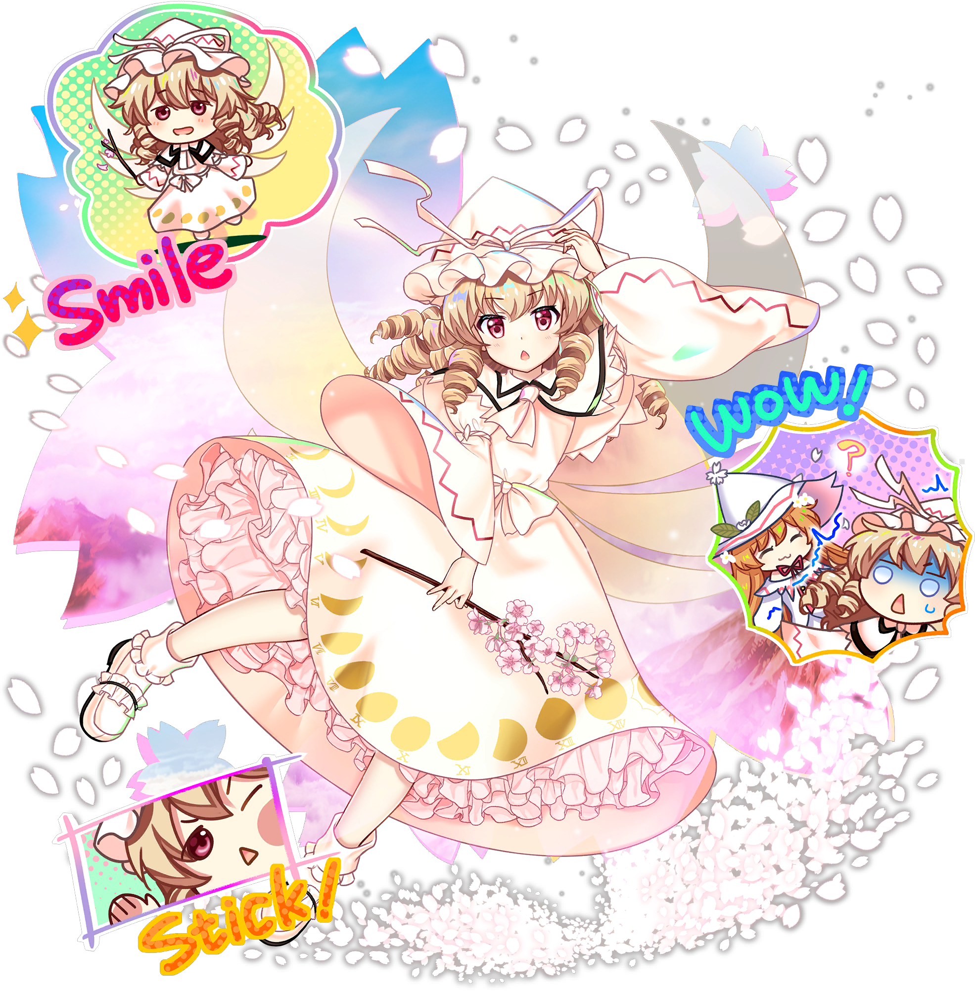 rotte (1109), lily white, lily white (fairy who heralded too much spring), luna child, touhou, touhou lostword, game cg, highres, official art, third-party source, 2girls, :3, ?, adapted costume, alternate costume, ascot, blonde hair, branch, capelet, cherry blossoms, chestnut mouth, closed eyes, closed mouth, cosplay, dress, drill hair, english text, fairy, fairy wings, falling petals, flower, hat, holding, holding branch, lily white (cosplay), long hair, long sleeves, looking at viewer, moon print, multiple girls, open mouth, orange hair, petals, petticoat, pink flower, print dress, roman numeral, shoes, smile, solo focus, sweatdrop, transparent background, white ascot, white capelet, white dress, white hat, white shoes, wide sleeves, wings