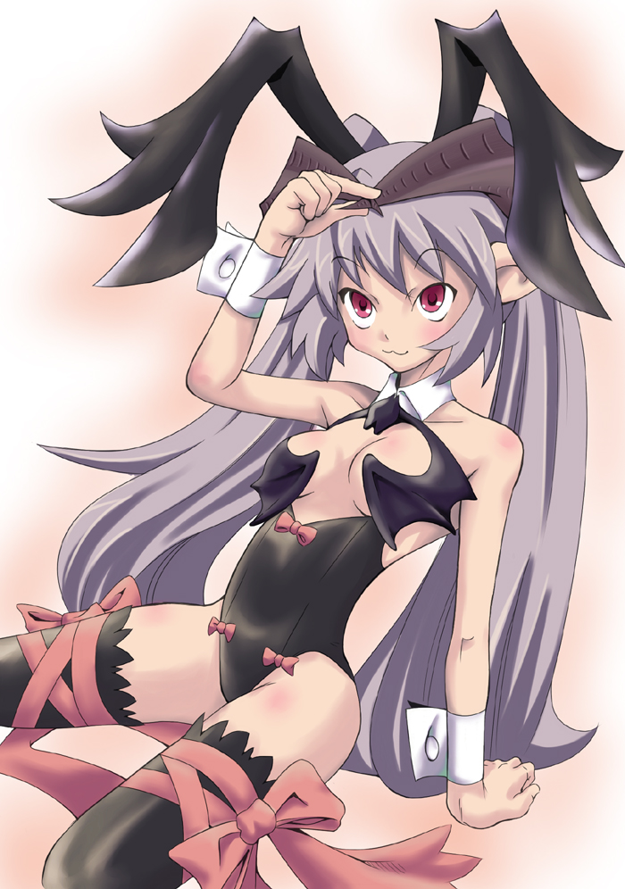 kurusu (amamura), original, 1girl, animal ears, breasts, cleavage, female focus, horns, purple hair, rabbit ears, small breasts, solo, thighhighs, twintails