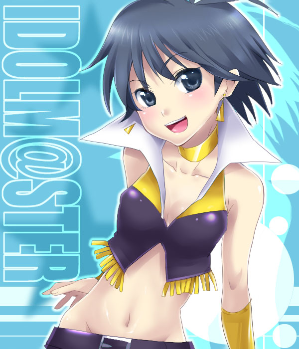 hattori masaki, kikuchi makoto, idolmaster, idolmaster (classic), idolmaster 1, bad id, bad pixiv id, 00s, 1girl, bare shoulders, belt, black eyes, black hair, choker, cool & sexy (idolmaster), earrings, female focus, gloves, jewelry, midriff, navel, short hair, sleeveless, smile, solo