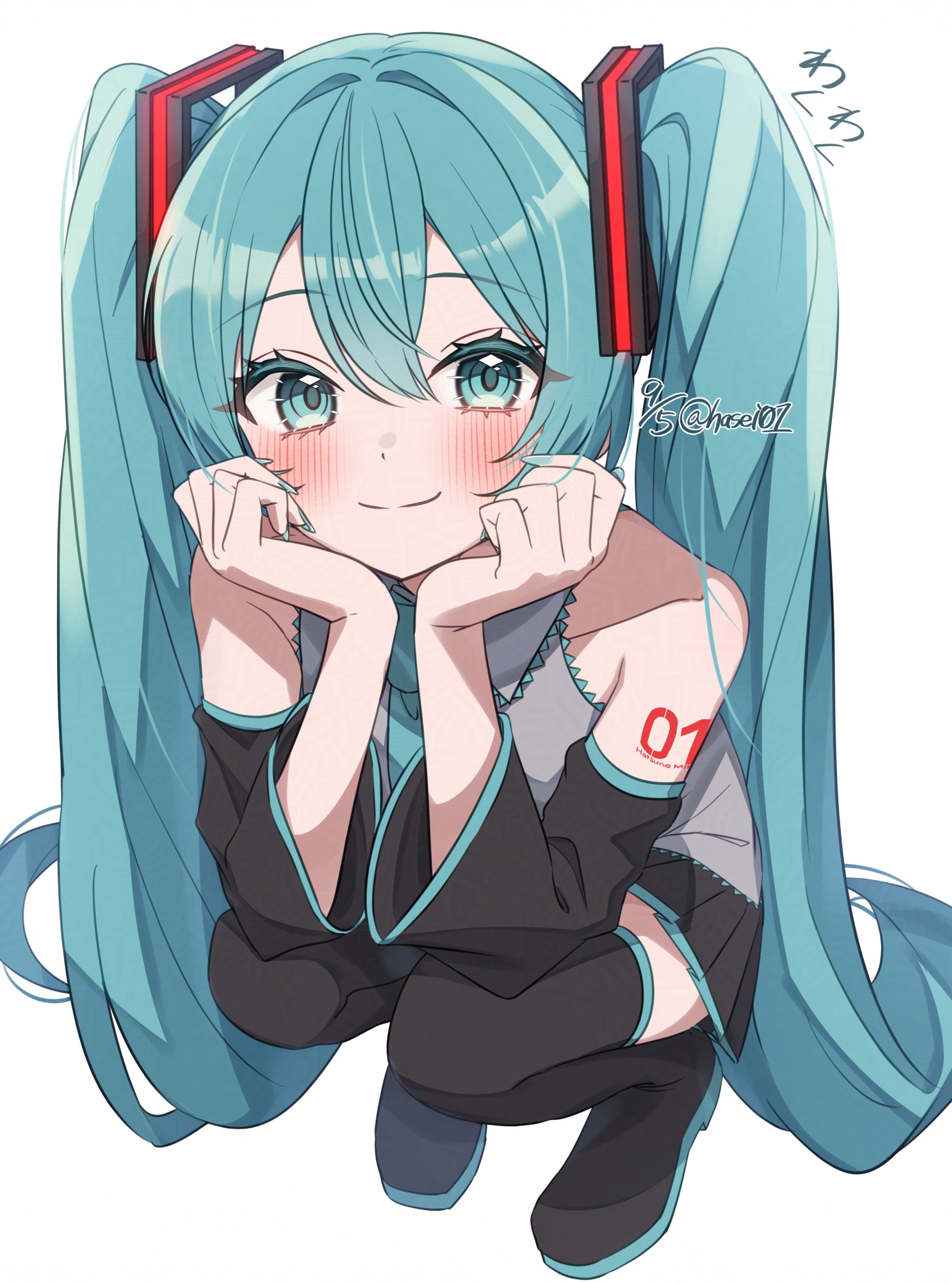 hasei (hasei01), hatsune miku, vocaloid, absurdres, commentary request, highres, 1girl, aqua eyes, aqua hair, aqua nails, aqua necktie, arm tattoo, black boots, black skirt, black sleeves, blush, boots, closed mouth, collared shirt, detached sleeves, full body, grey shirt, long hair, looking at viewer, necktie, number tattoo, pleated skirt, shirt, simple background, skirt, smile, solo, squatting, tattoo, thigh boots, twintails, very long hair, white background