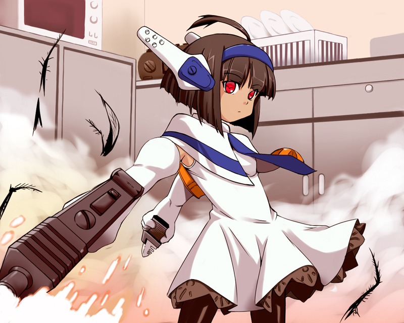 kurusu (amamura), combat-san, hoihoi-san, ichigeki sacchuu!! hoihoi-san, 1girl, brown hair, close-quarters combat, female focus, gun, handgun, knife, pantyhose, pistol, red eyes, robot ears, solo, weapon
