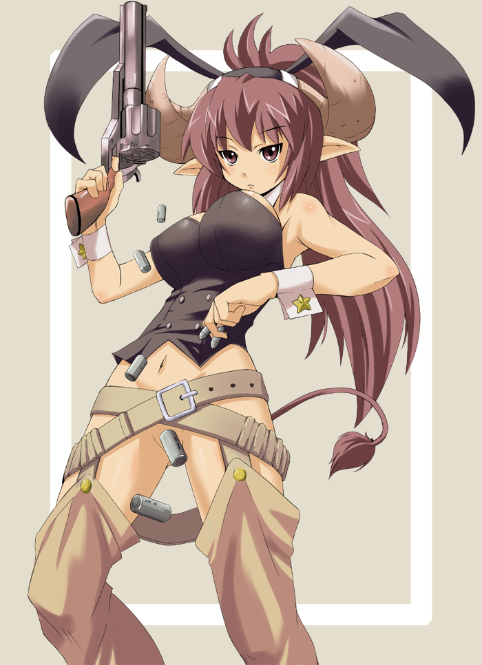 kurusu (amamura), original, 1girl, animal ears, breasts, cartridge, censored, convenient censoring, demon girl, fake animal ears, female focus, gun, handgun, horns, huge breasts, no panties, open cylinder (revolver), rabbit ears, revolver, solo, tail, weapon