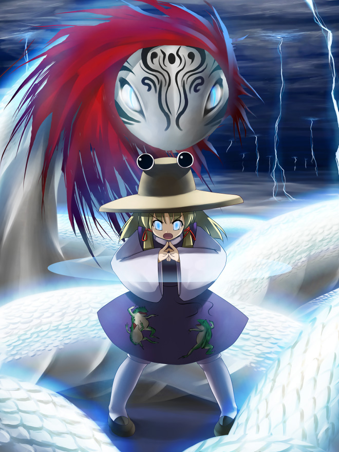 suematsu jerry, mishaguji, moriya suwako, touhou, 1girl, blonde hair, blue eyes, cloud, cloudy sky, dress, electricity, extra eyes, female focus, lightning, long sleeves, looking at viewer, monster, pantyhose, purple dress, short hair, sky, solo, standing, summoning, sweater, white pantyhose