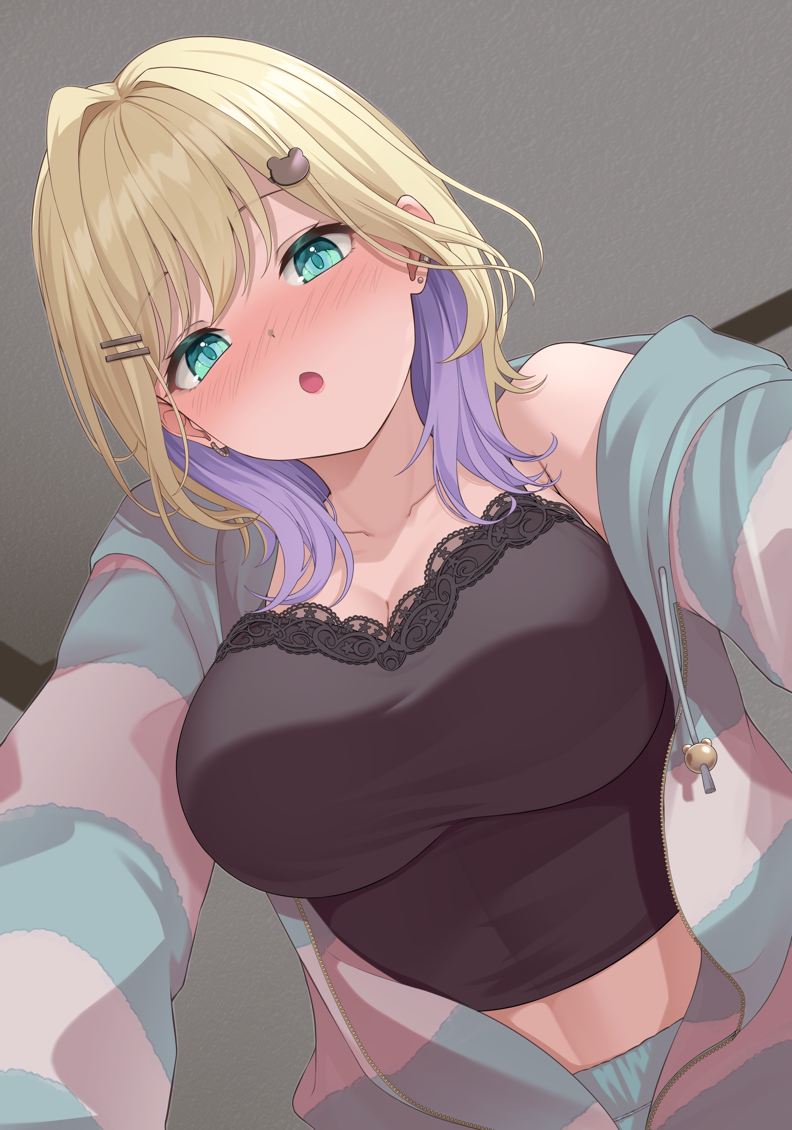 yoppy paint, kurumi noah, kurumi noah (6th costume), vspo!, absurdres, highres, 1girl, :o, black camisole, blonde hair, blush, breasts, camisole, cleavage, collarbone, colored inner hair, earclip, earrings, green eyes, green hoodie, green shorts, hair intakes, hair ornament, hairclip, hood, hoodie, indoors, jewelry, large breasts, long sleeves, looking at viewer, medium hair, midriff peek, multicolored hair, open clothes, open hoodie, open mouth, purple hair, shorts, solo, striped clothes, striped hoodie, stud earrings, teddy bear hair ornament, two-tone hair, two-tone hoodie, virtual youtuber, white hoodie