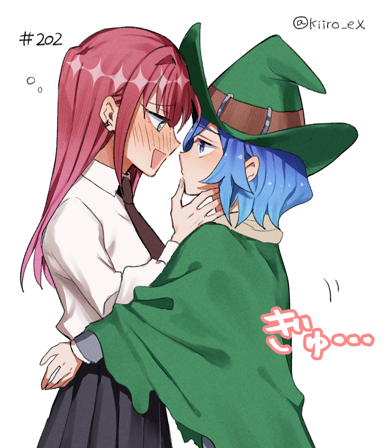 hiiro (kiiro ex), nakaji uto, saiki himeka, kimi no koto ga dai dai dai dai daisuki na 100-nin no kanojo, commentary request, highres, 2girls, :d, artist name, black skirt, blue hair, blush, brown necktie, cape, drunk, earclip, eye contact, face-to-face, from side, green cape, green eyes, green hat, hat, hat belt, long hair, long sleeves, looking at another, multiple girls, necktie, nose blush, ohananomitsu high school uniform, open mouth, pleated skirt, profile, purple eyes, red hair, school uniform, shirt, short hair, simple background, skirt, smile, squeans, twitter username, white background, white shirt, yuri