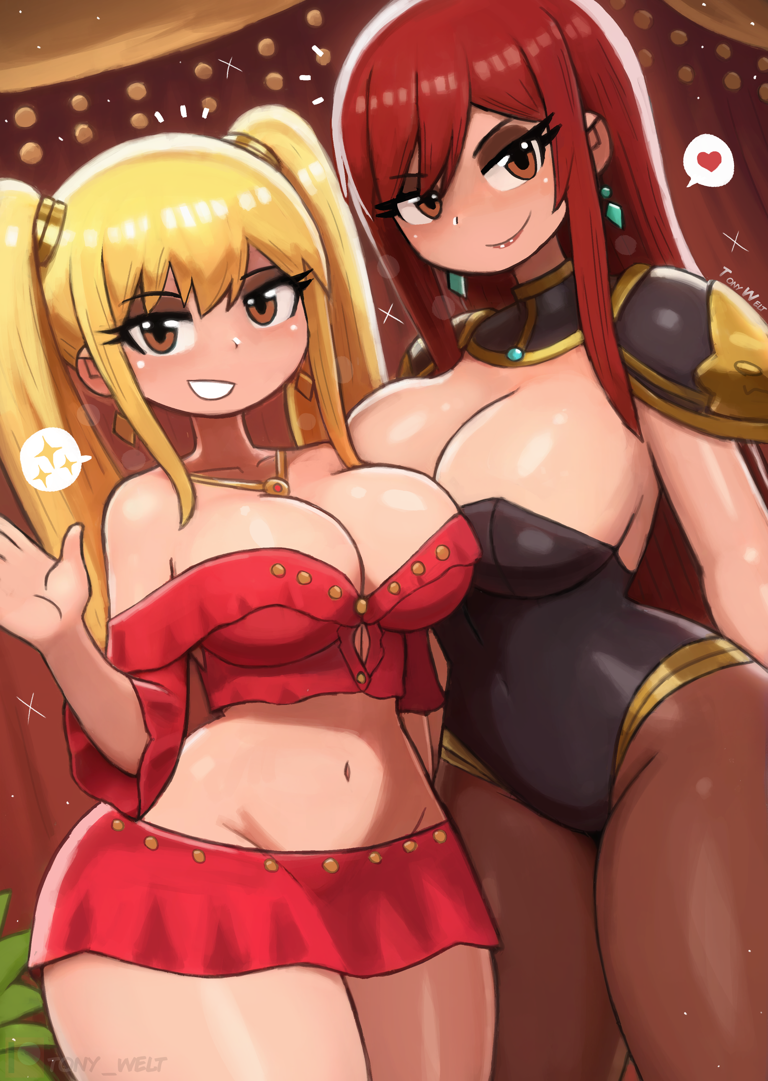 tony welt, erza scarlet, lucy heartfilia, fairy tail, 2girls, armor, black armor, black leotard, blonde hair, blush, breasts, brown eyes, brown pantyhose, cleavage, collarbone, curtains, earrings, grin, heart, jewelry, large breasts, leotard, long hair, long sleeves, looking at viewer, midriff, multiple girls, navel, necklace, off-shoulder shirt, off shoulder, pantyhose, plant, red hair, red shirt, red skirt, shirt, shoulder armor, sidelocks, skirt, smile, sparkle, speech bubble, spoken heart, spoken sparkle, standing, teeth, thick thighs, thighs, twintails, waving, wide hips