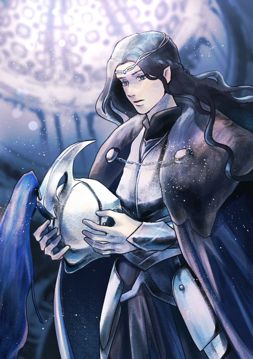 arfeiniel, fingolfin, the silmarillion, tolkien's legendarium, 1boy, armor, black hair, braid, circlet, crown braid, elf, eyelashes, fur trim, gem, helmet, holding, jewelry, long hair, looking at object, male focus, parted bangs, parted lips, pointy ears, solo