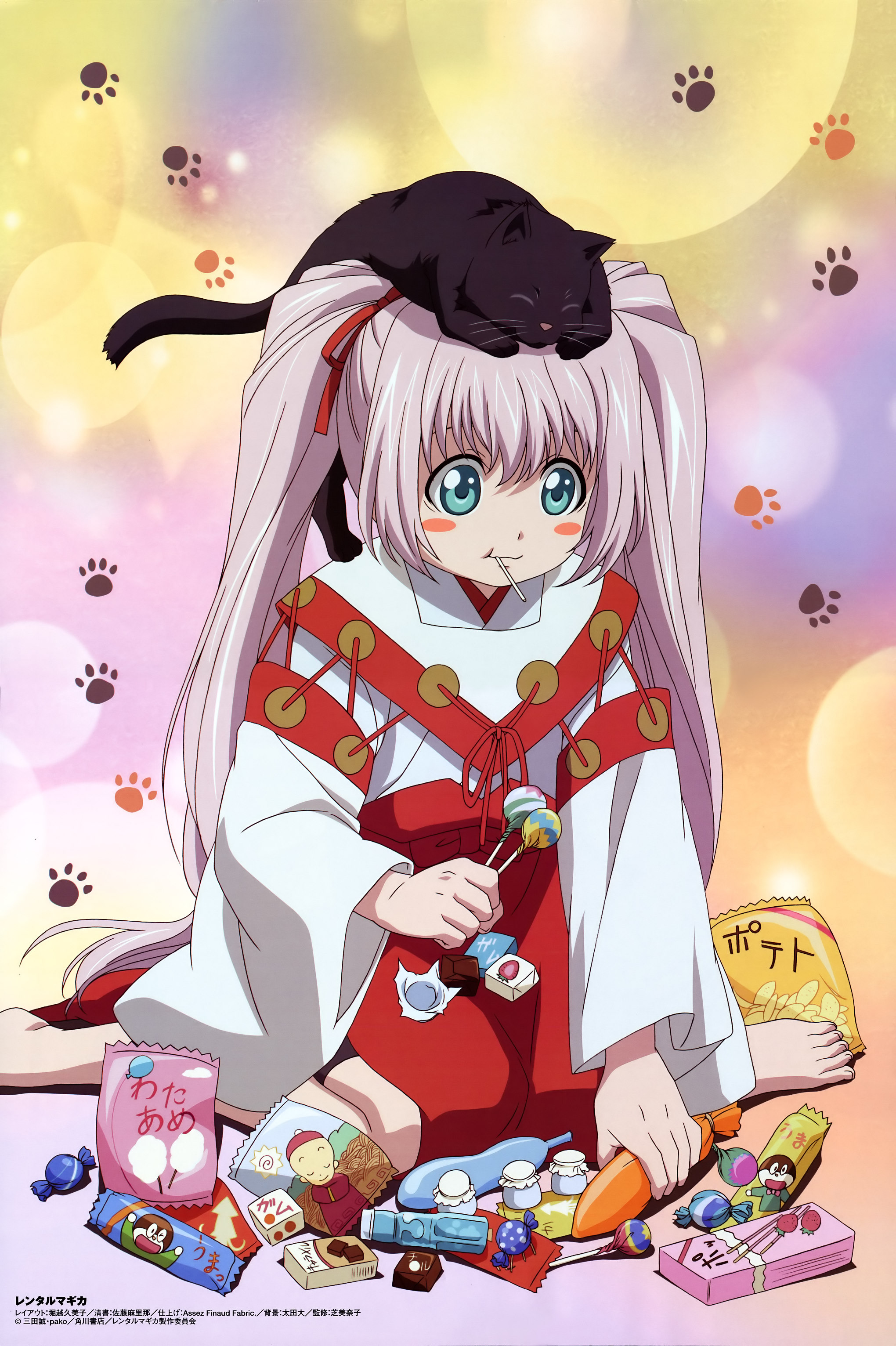 katsuragi mikan, rental magica, absurdres, highres, 00s, 1girl, animal, animal on head, barefoot, blush stickers, candy, cat, cat on head, chips (food), female focus, food, hakama, hakama skirt, japanese clothes, lollipop, miko, mouth hold, on head, paw print, pocky, potato chips, red hakama, sitting, skirt, solo, wariza