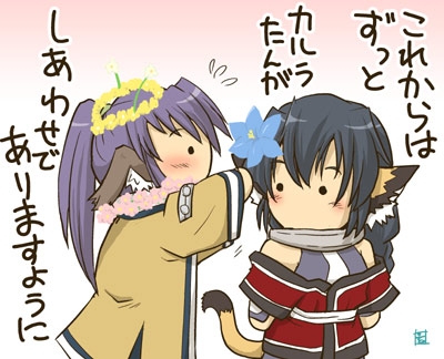 kurotani kyoukutsu, karulau, touka (utawarerumono), utawarerumono, lowres, translated, 00s, 2girls, animal ears, blush, chibi, collar, flower, head wings, multiple girls, ponytail, purple hair, tail, wings