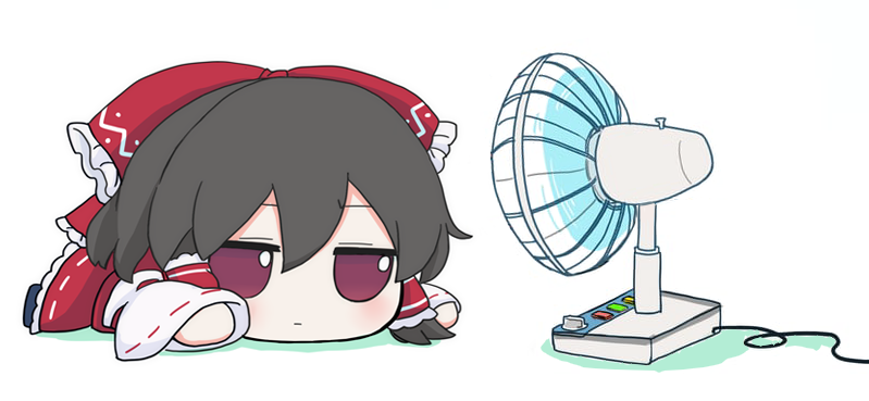 azuma meri, hakurei reimu, touhou, commentary request, 1girl, bow, brown hair, closed mouth, detached sleeves, electric fan, frilled bow, frilled hair tubes, frills, fumo (doll), hair bow, hair tubes, long hair, lying, on stomach, red bow, red eyes, red skirt, ribbon-trimmed sleeves, ribbon trim, skirt, skirt set, solo