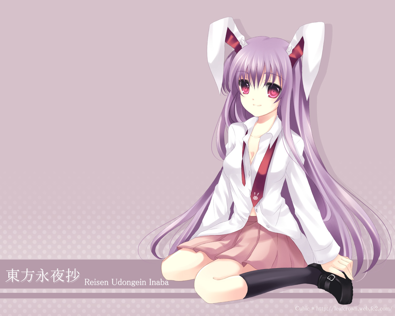 takase kanan, reisen udongein inaba, touhou, 1girl, animal ears, female focus, kneehighs, kneeling, long hair, midriff peek, necktie, purple hair, rabbit ears, red eyes, red necktie, shirt, skirt, socks, solo, undone necktie, very long hair