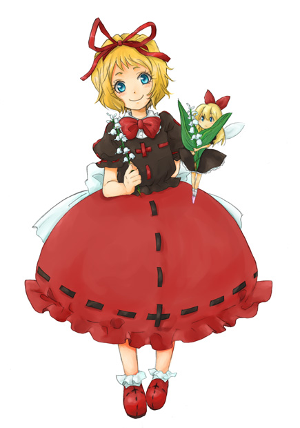 shikai (iesiki 56), medicine melancholy, su-san, touhou, 1girl, blonde hair, blue eyes, bow, bowtie, bubble skirt, dress, female focus, flower, hair ribbon, hairband, lily of the valley, looking at viewer, puffy short sleeves, puffy sleeves, red bow, red bowtie, red dress, red ribbon, ribbon, shikai, short hair, short sleeves, simple background, skirt, solo, white background