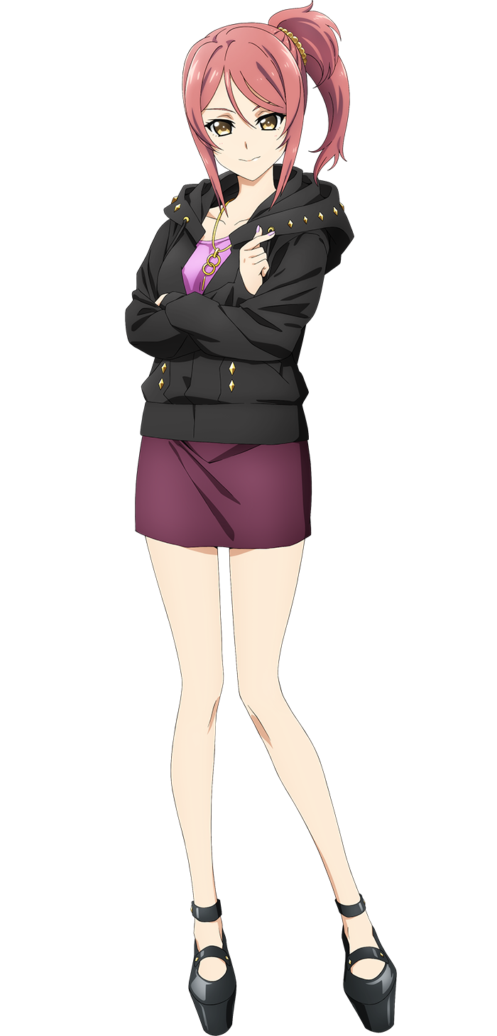 arakaki issei, extreme hearts, highres, official art, 1girl, anime coloring, black hood, black hoodie, black shoes, breasts, brown eyes, closed mouth, collarbone, crossed arms, full body, hair between eyes, hood, hood down, hoodie, jewelry, looking at viewer, medium breasts, medium hair, miyasiro tomo, necklace, pencil skirt, pink eyes, pink shirt, platform shoes, red skirt, shirt, shoes, side ponytail, sidelocks, simple background, skirt, smile, solo, standing, tachi-e, transparent background