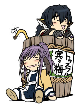 kurotani kyoukutsu, karulau, touka (utawarerumono), utawarerumono, lowres, translation request, 00s, 2girls, animal ears, barrel, chibi, head wings, multiple girls, ponytail, purple hair, tail, wings