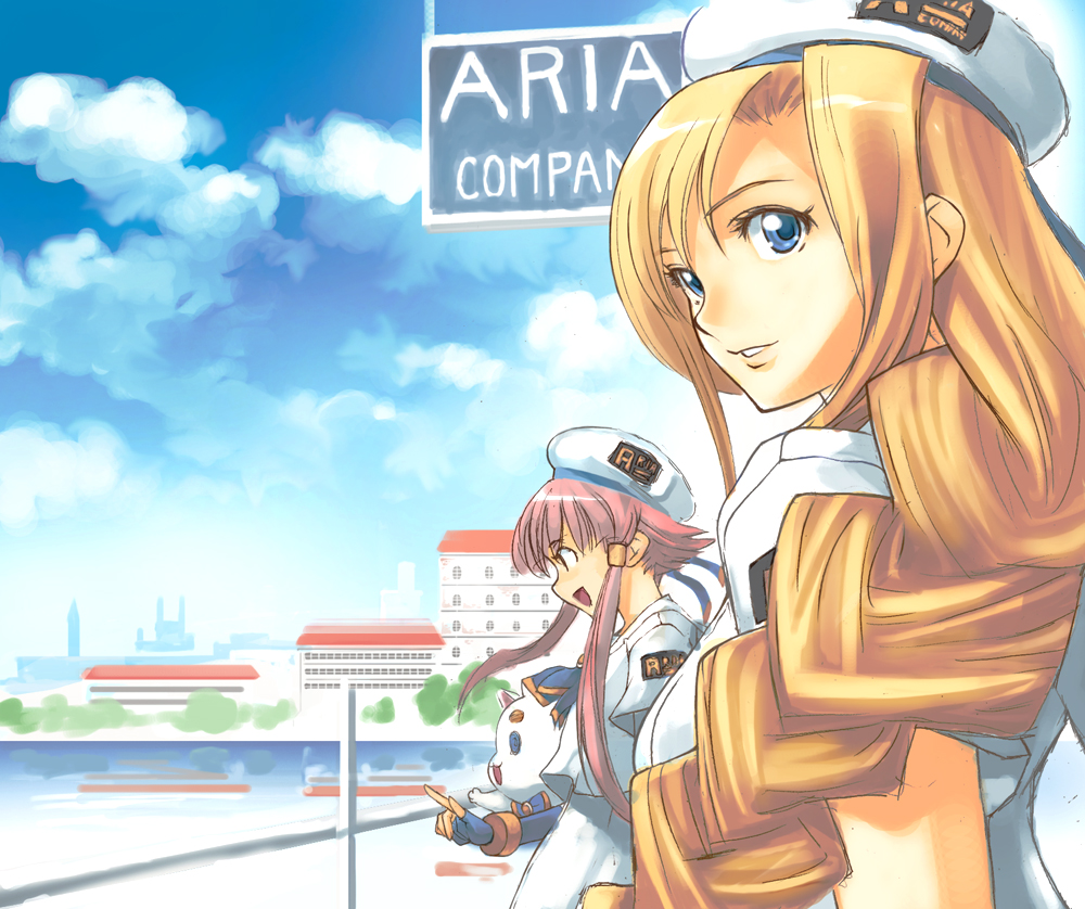 hirokiku, alicia florence, aria pokoteng, mizunashi akari, aria (manga), 00s, 2girls, beret, blonde hair, blouse, blue eyes, braid, cat, city, cloud, day, fingerless gloves, gloves, hat, long hair, looking at viewer, looking back, multiple girls, outdoors, pink hair, pointing, river, shirt, sidelocks, single braid, sky, smile, very long hair, white shirt