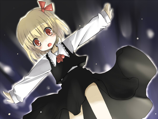 yuugiri (artist), yuugiri (u-slash), rumia, embodiment of scarlet devil, touhou, 1girl, blonde hair, female focus, gradient background, outstretched arms, red eyes, short hair, solo, spread arms, standing