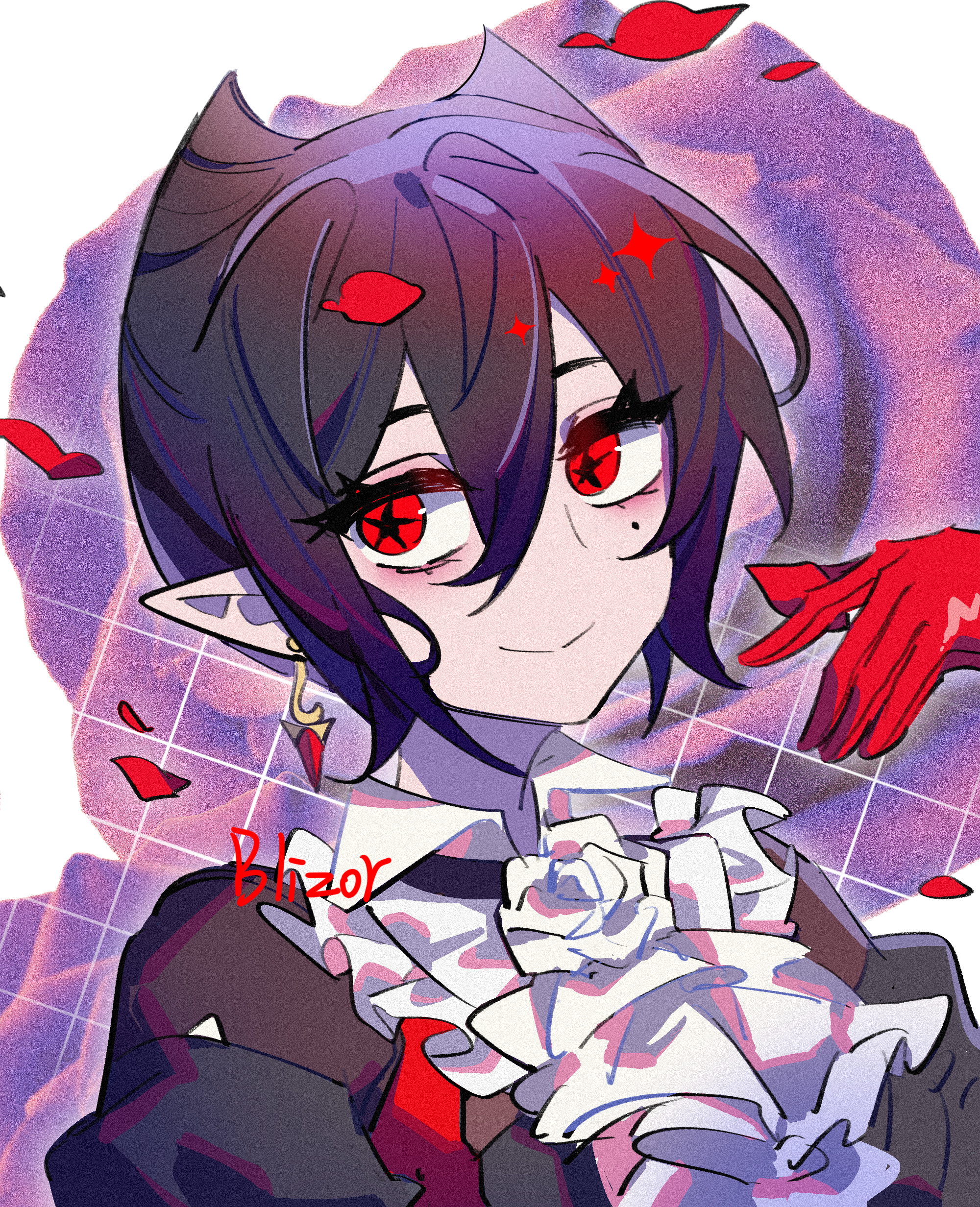 blissfulrainbizhuo, entelechia (arknights), arknights, absurdres, chinese commentary, commentary request, highres, 1girl, ascot, black hair, closed mouth, earrings, gloves, hair between eyes, hair horns, hand up, jewelry, looking at viewer, mole, mole under eye, petals, pointy ears, portrait, red eyes, red gloves, rose petals, short hair, smile, solo, white ascot