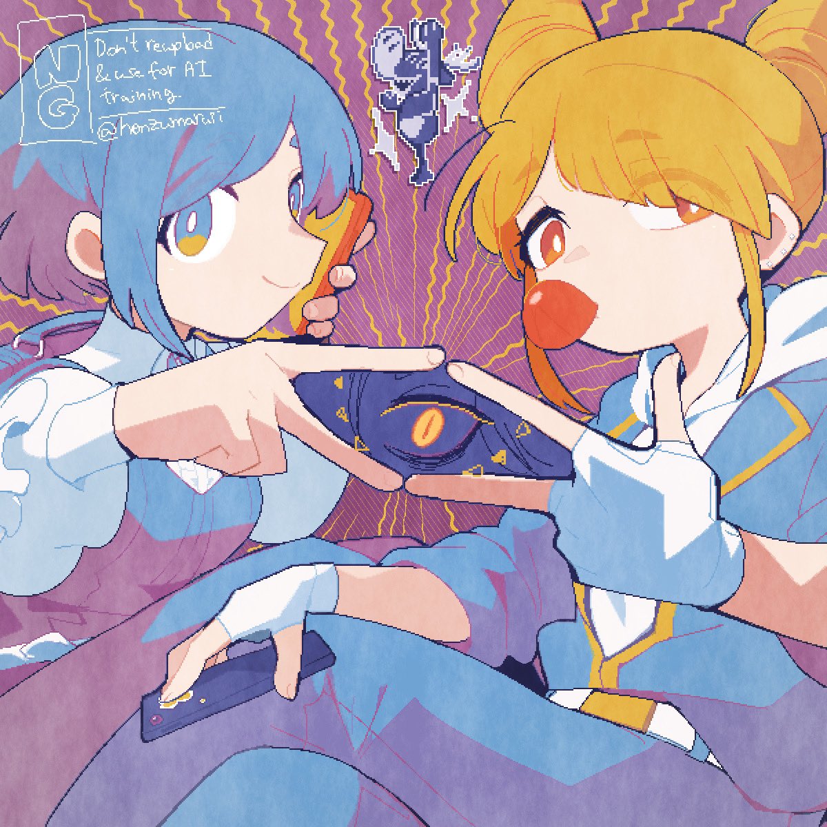 honzumaru, fukurai azami, jasmine (toshi densetsu kaitai center), meguriya ayumu, toshi densetsu kaitai center, commentary request, highres, 1boy, 2girls, blonde hair, blowing bubble gum, blue hair, blue jumpsuit, cellphone, chewing gum, closed mouth, collared shirt, cone hair bun, crossed legs, diagonal bangs, double bun, frilled shirt, frilled sleeves, frills, gloves, hair bun, holding, holding phone, jumpsuit, long sleeves, looking at viewer, multiple girls, phone, reindeer, revealing layer, shirt, short hair, sitting, smartphone, smile, toshikai-kun, v, w, white gloves, yellow eyes