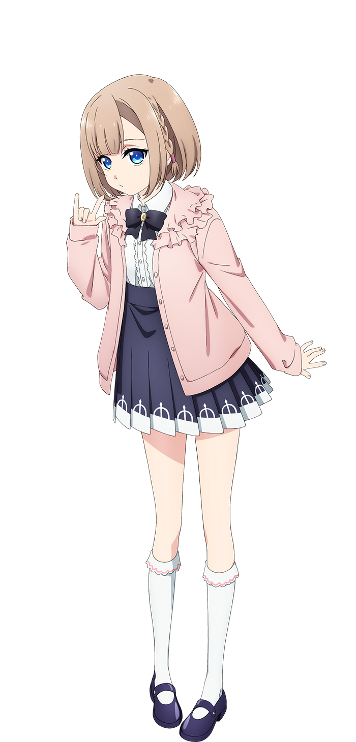 arakaki issei, suemune yuriko, extreme hearts, highres, official art, 1girl, anime coloring, black bow, black skirt, blue eyes, blue shoes, bob cut, bow, bowtie, braid, breasts, brown hair, cardigan, closed mouth, collared shirt, flat chest, full body, hand up, long sleeves, looking at viewer, mary janes, open cardigan, open clothes, open hand, outstretched arm, pink cardigan, pleated skirt, shirt, shoes, short hair, simple background, skirt, socks, solo, standing, tachi-e, transparent background, white shirt, white socks