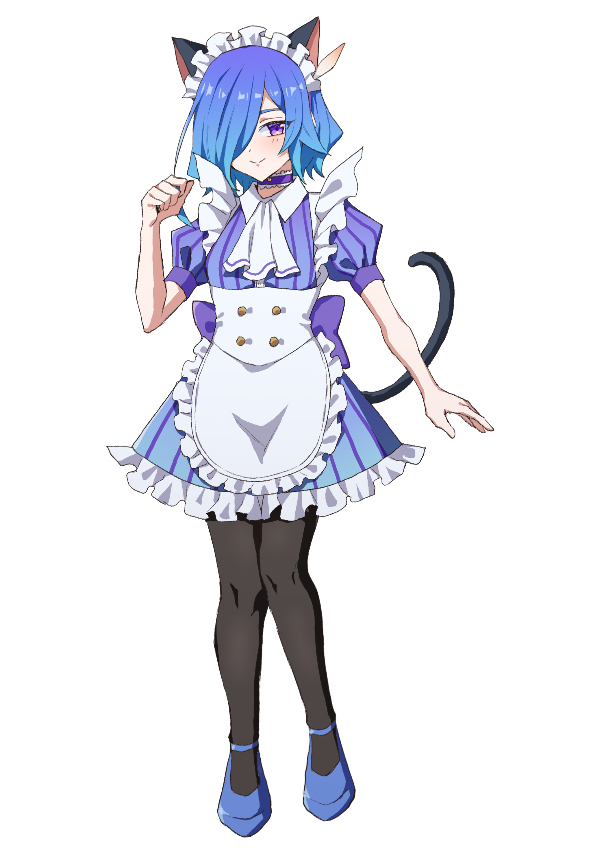hiiro (kiiro ex), nakaji uto, kimi no koto ga dai dai dai dai daisuki na 100-nin no kanojo, absurdres, commentary request, highres, 1girl, ahoge, animal ears, apron, ascot, black pantyhose, blue hair, cat ears, cat girl, cat tail, choker, closed mouth, collared dress, contrast collar, dress, feather hair ornament, feathers, frilled apron, frilled choker, frilled dress, frills, full body, hair ornament, hair over one eye, hand up, knees together feet apart, light blush, maid apron, maid headdress, one eye covered, pantyhose, puffy short sleeves, puffy sleeves, purple choker, purple dress, purple eyes, purple shoes, shoes, short dress, short hair, short sleeves, simple background, smile, solo, standing, strappy heels, striped clothes, striped dress, tail, underbust, vertical-striped clothes, vertical-striped dress, waitress, white ascot, white background