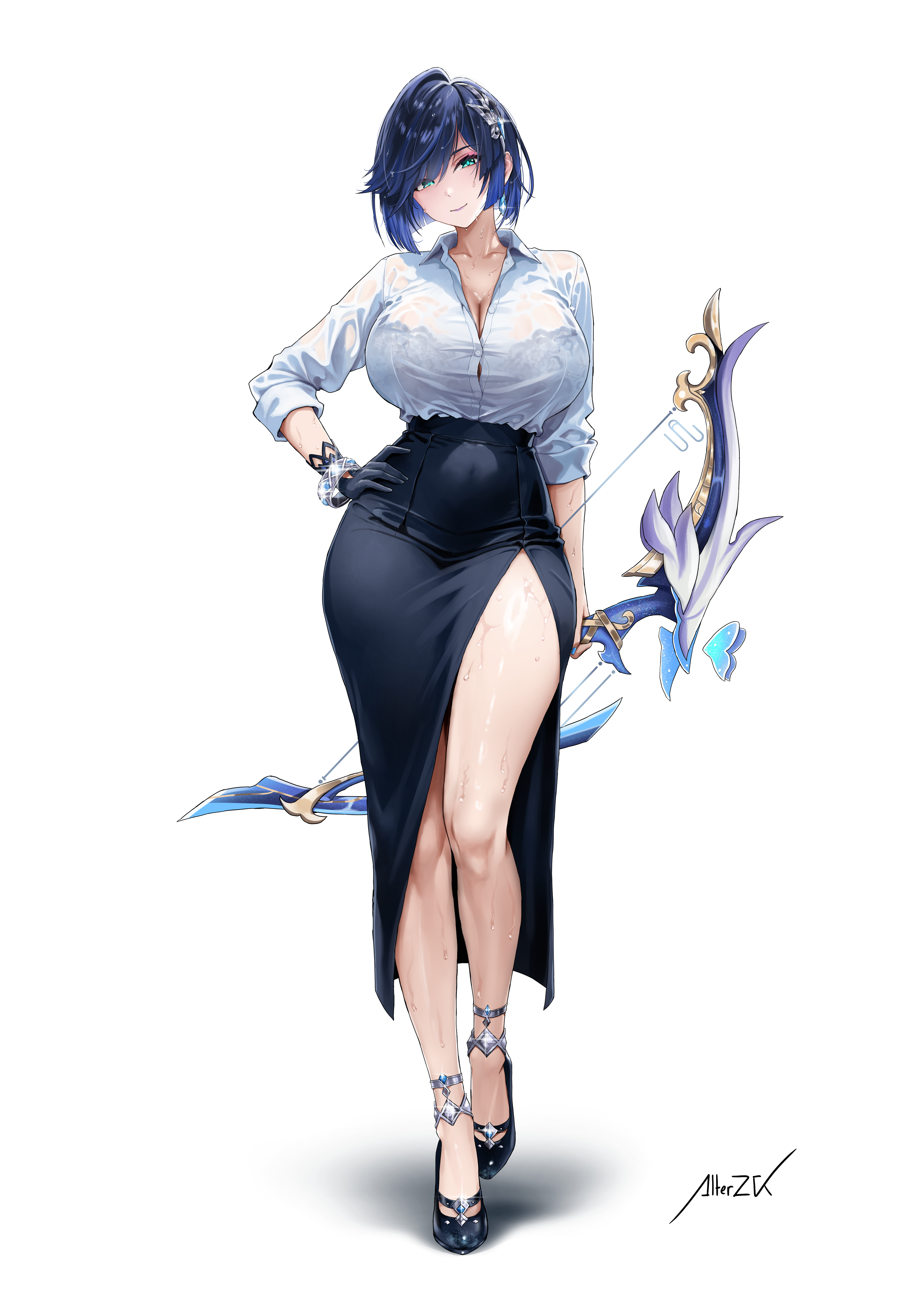 alterzk, yelan (genshin impact), genshin impact, absurdres, commentary, highres, 1girl, alternate breast size (larger), artist name, black bra, black gloves, black shoes, black skirt, blue hair, blue nails, bow (weapon), bra, bra visible through clothes, breasts, cleavage, closed mouth, collarbone, collared shirt, earrings, full body, gloves, green eyes, hair ornament, hand on own hip, holding, holding bow (weapon), holding weapon, huge breasts, jewelry, long skirt, looking at viewer, nail polish, shirt, shirt tucked in, shoes, short hair, side slit, simple background, single glove, skirt, smile, solo, thighs, underwear, weapon, wet, white background, white shirt