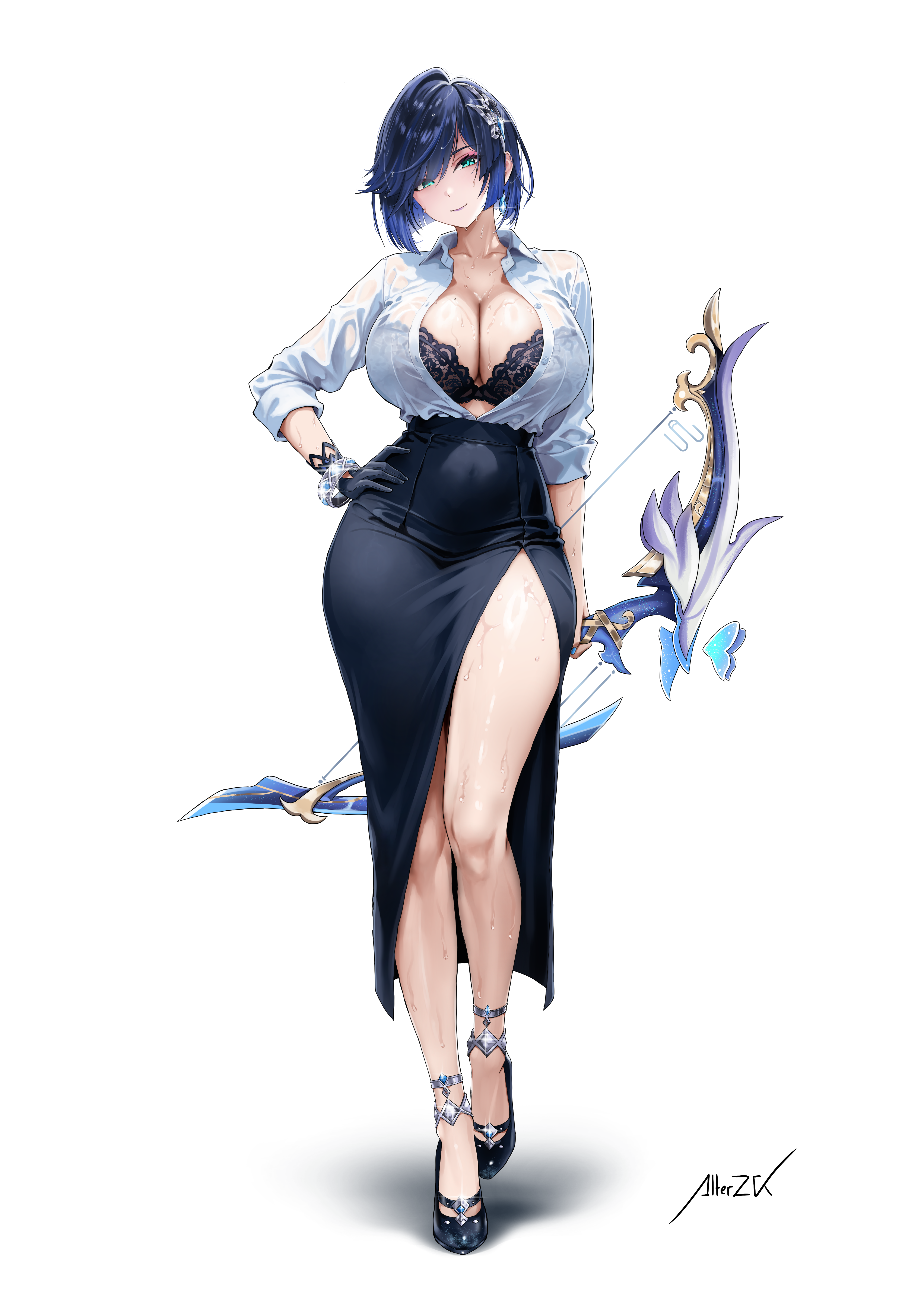 alterzk, yelan (genshin impact), genshin impact, absurdres, commentary, highres, 1girl, alternate breast size (larger), artist name, black bra, black gloves, black shoes, black skirt, blue hair, blue nails, bow (weapon), bra, bra visible through clothes, breasts, cleavage, closed mouth, collarbone, collared shirt, earrings, full body, gloves, green eyes, hair ornament, hand on own hip, holding, holding bow (weapon), holding weapon, huge breasts, jewelry, long skirt, looking at viewer, nail polish, open clothes, open shirt, shirt, shirt tucked in, shoes, short hair, side slit, simple background, single glove, skirt, smile, solo, thighs, underwear, weapon, wet, white background, white shirt