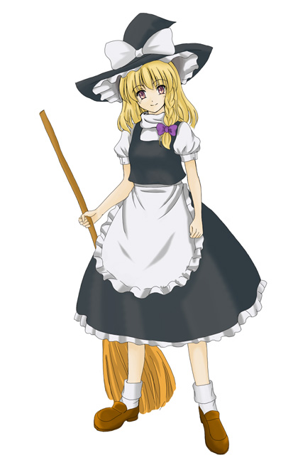 mizumae, kirisame marisa, touhou, 1girl, blonde hair, braid, broom, female focus, full body, hair ribbon, hat, ribbon, simple background, solo, white background, witch, witch hat